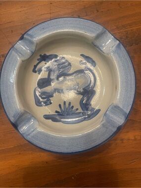 Blue Hand-Painted Ceramic Ashtray with Horse Motif